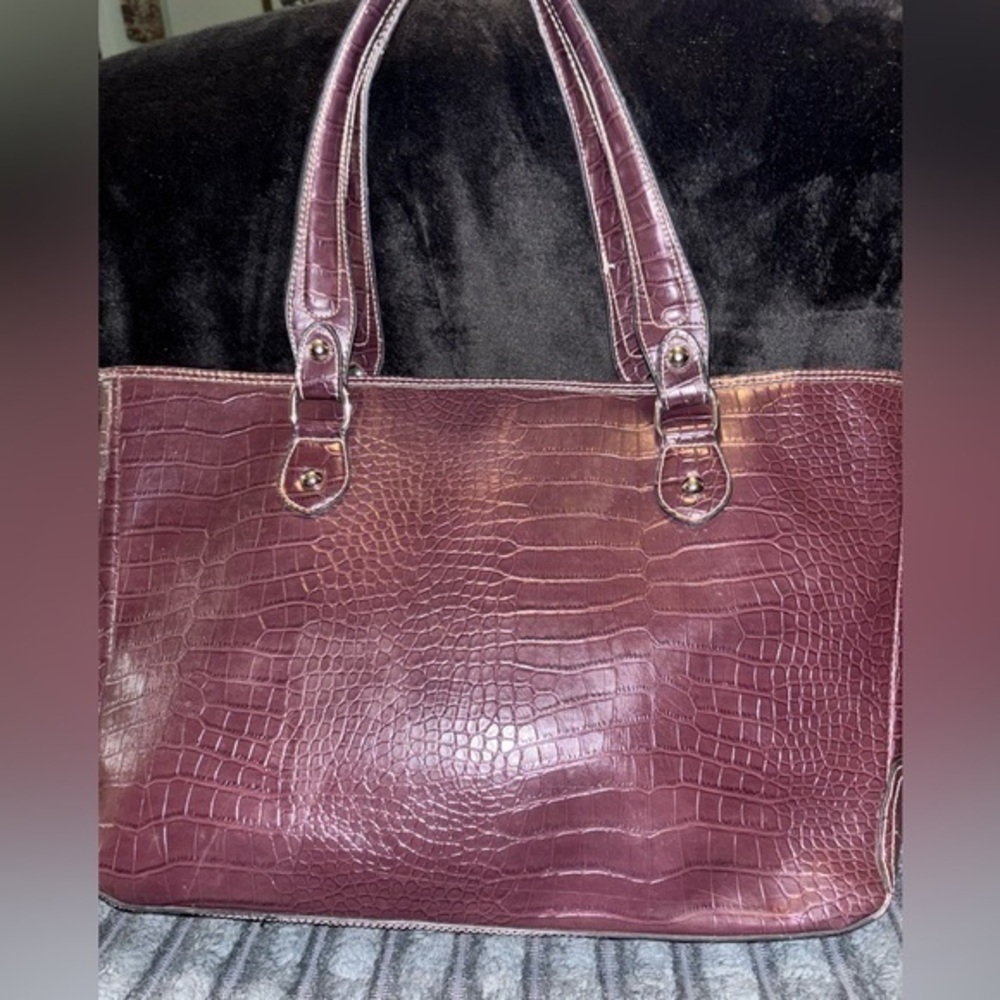 Croc embossed tote shoulder bag / laptop bag purse burgundy, Large